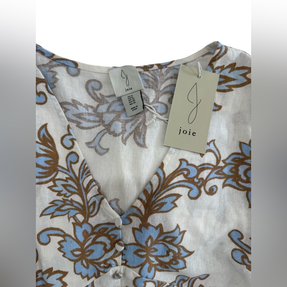NWT Joie Floral Linen Mini Dress Blue Ivory Tie Sleeve Size 6 Vintage Inspired - Picture 4 of 9